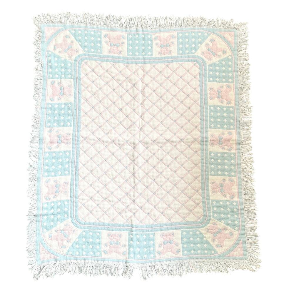 Vintage Baby Blue Pink Bears Bow Reversible Fringe Trim Tapestry Blanket 34"x42"